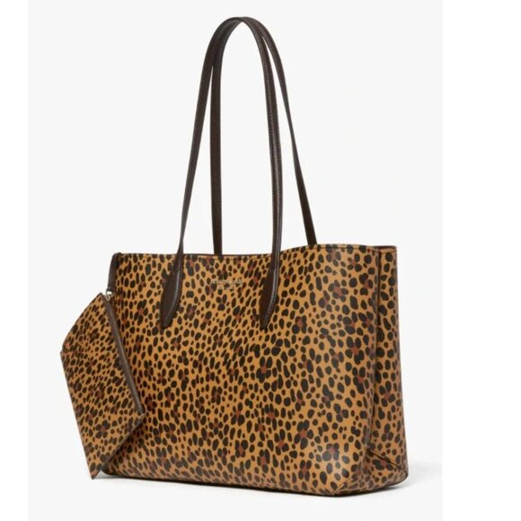 Kate Spade All Day Tote Leopard Brown Leather Shoulder Bag Purse Wristlet Set - Picture 2 of 10